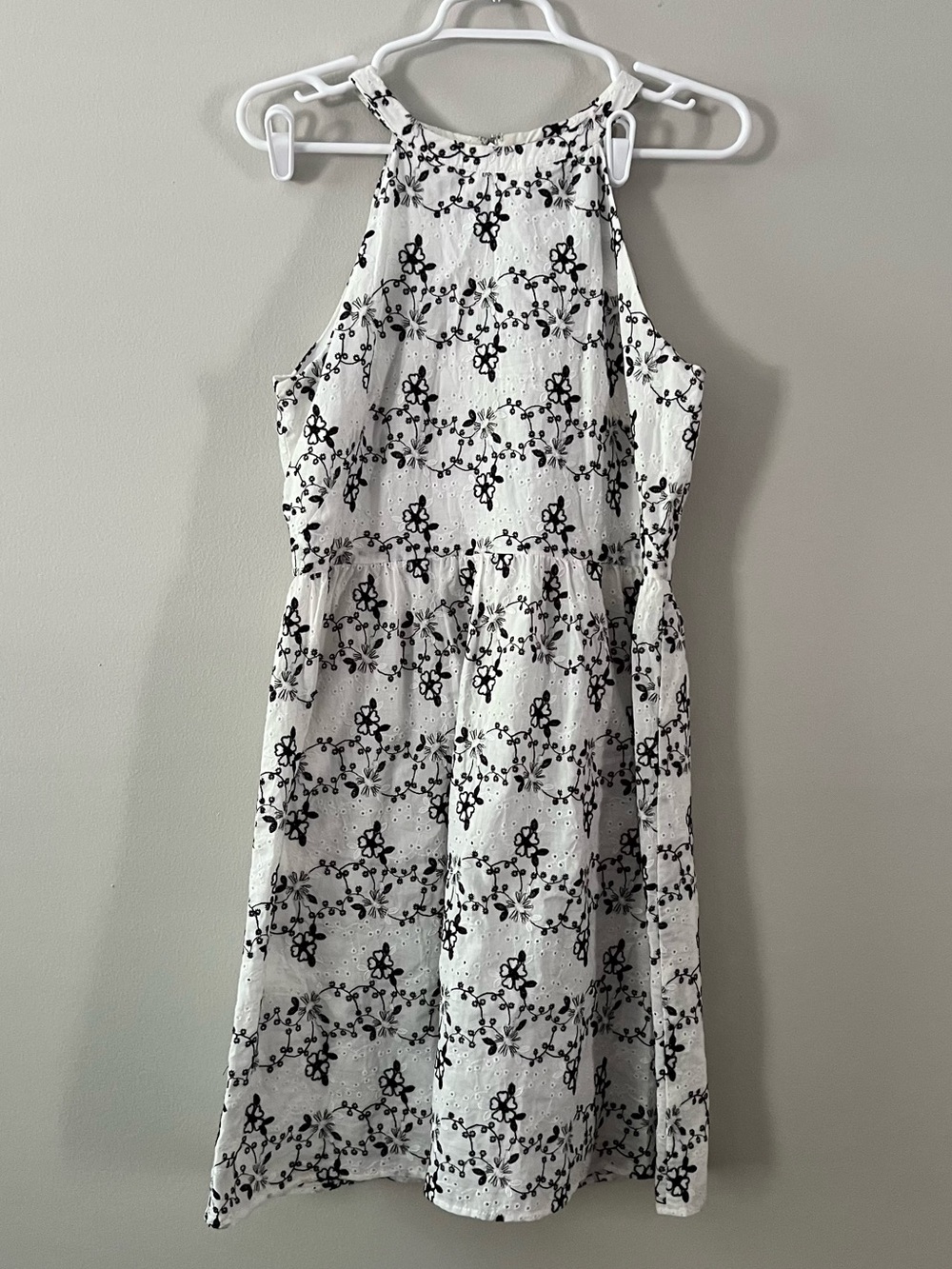 LOFT White Eyelet Cotton Dress with Black Floral Design Size Medium